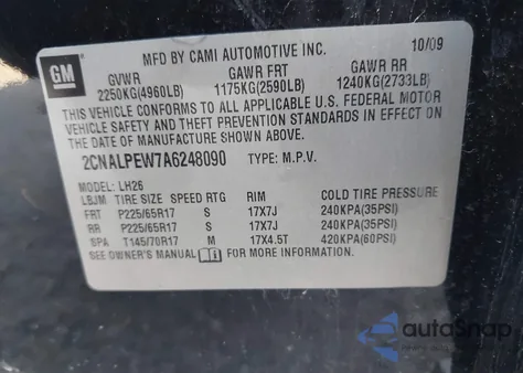 2010 Chevrolet Equinox Lt из США, поврежденный, VIN 2CNALPEW7A6248090